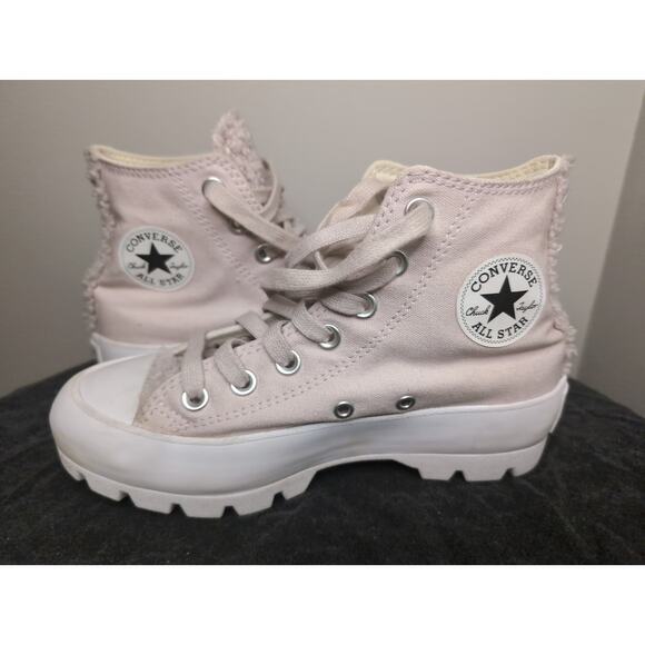 Pink rose fuzzy sherpa girls Chuck Taylor Converse lugged high top 5Y - Picture 6 of 10